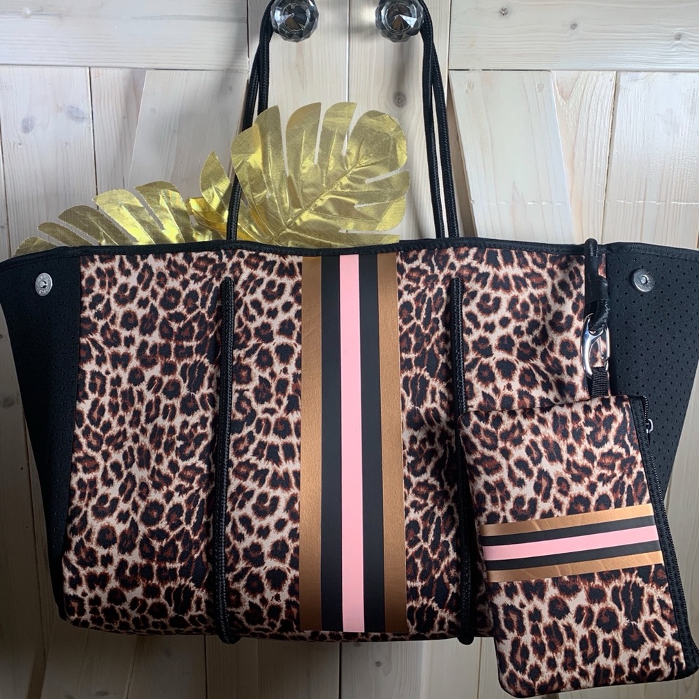 waterproof Cheetah pink Neoprene TOTE light bag + metallic bronze for ski beach